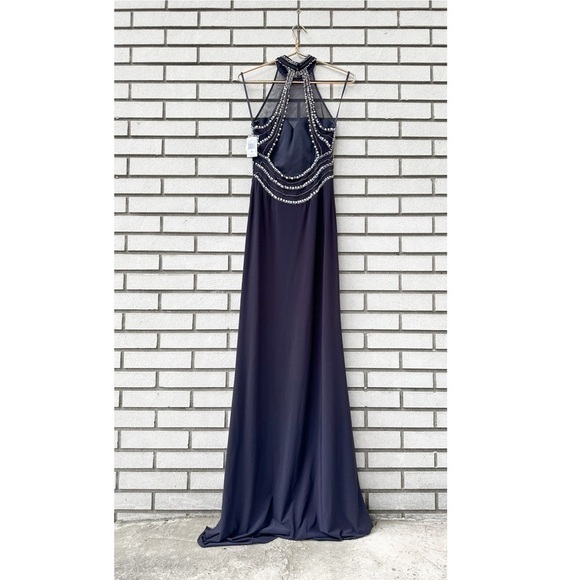 NWT Blondie Nites Gray Beaded Mesh Halter Sweetheart Neckline Formal Maxi Gown - Picture 4 of 14